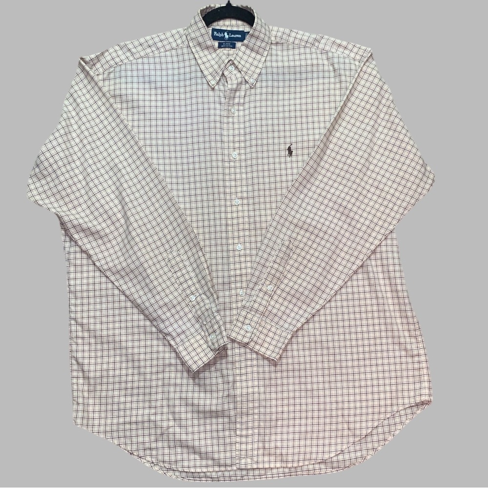 Ralph Lauren VTG Blake Plaid Button Up Shirt Mens Size L Beige Brown Pony Preppy